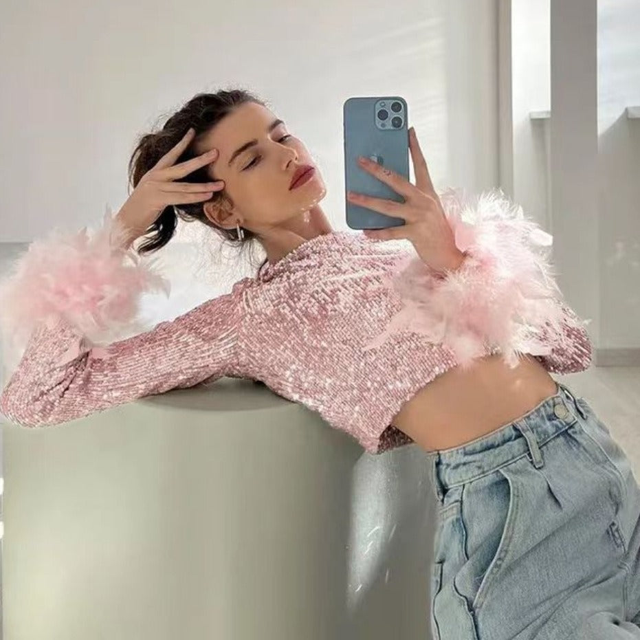 Damen Cropped Oberteil mit funkelndem Paillettenbesatz und fluffigen Ärmelbündchen Heidi-Mode