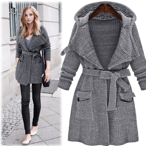 Damen Strickmantel mit Kapuze und praktischen Taschen Heidi-Mode