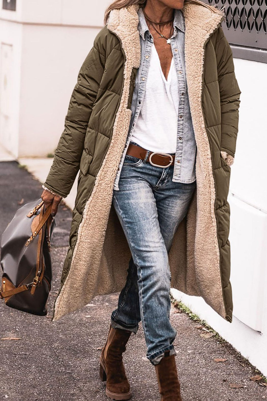 Damen lange Steppjacke mit kuscheligem Teddyfutter und großem Revers Heidi-Mode