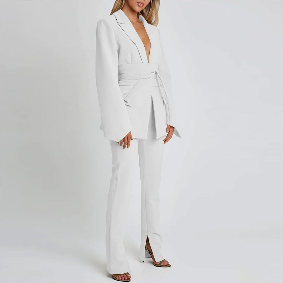Heidi-Mode | Blazer Longline Tailored Fit Selbstbinder Taille Revers Taschen