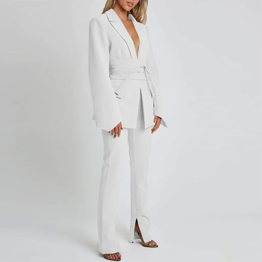 Heidi-Mode | Blazer Longline Tailored Fit Selbstbinder Taille Revers Taschen