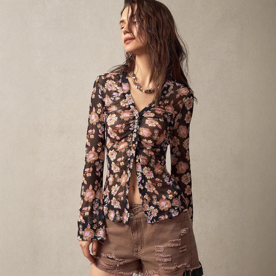 Damen Blumendruck Langarmoberteil Heidi-Mode