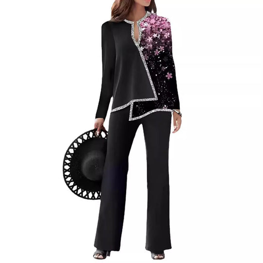 Heidi-Mode | 3D Digitaldruck V-Ausschnitt asymmetrisches Shirt- und Hosen-Set