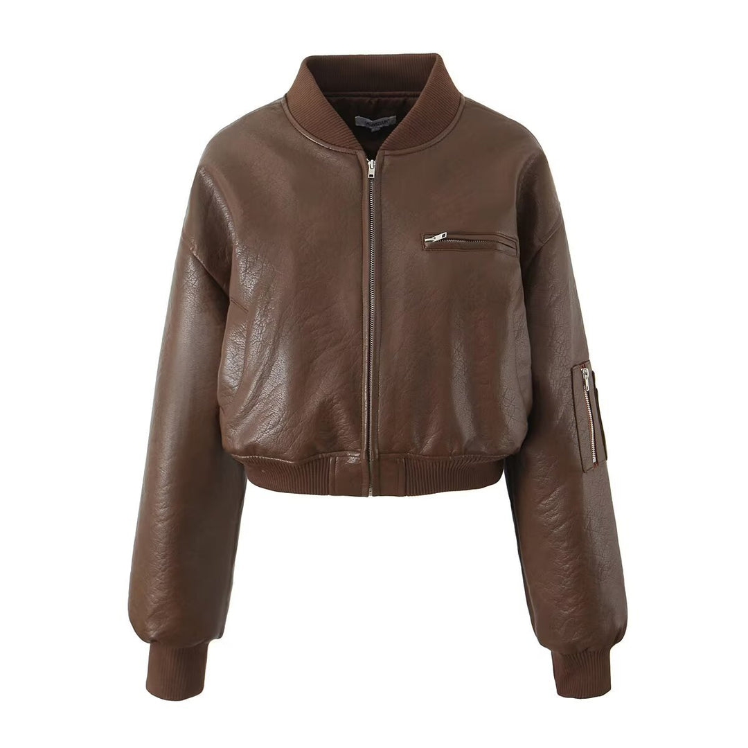 Damen cropped Kunstlederjacke mit Reißverschluss und praktischen Taschen Heidi-Mode