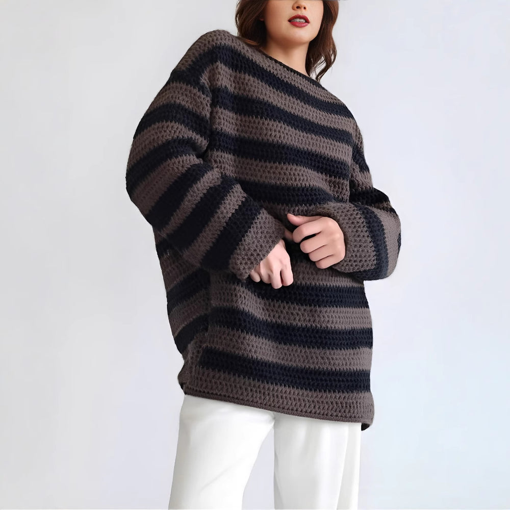 Damen lässiger Strickpullover mit kontrastierenden Streifen und weitem Schnitt Heidi-Mode