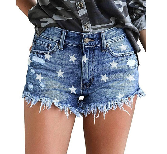 Damen Jeans-Shorts mit Sternen-Design und fransigem Saum Heidi-Mode