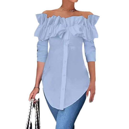 Damen Off-Shoulder Bluse mit Rüschen und Knopfleiste Heidi-Mode