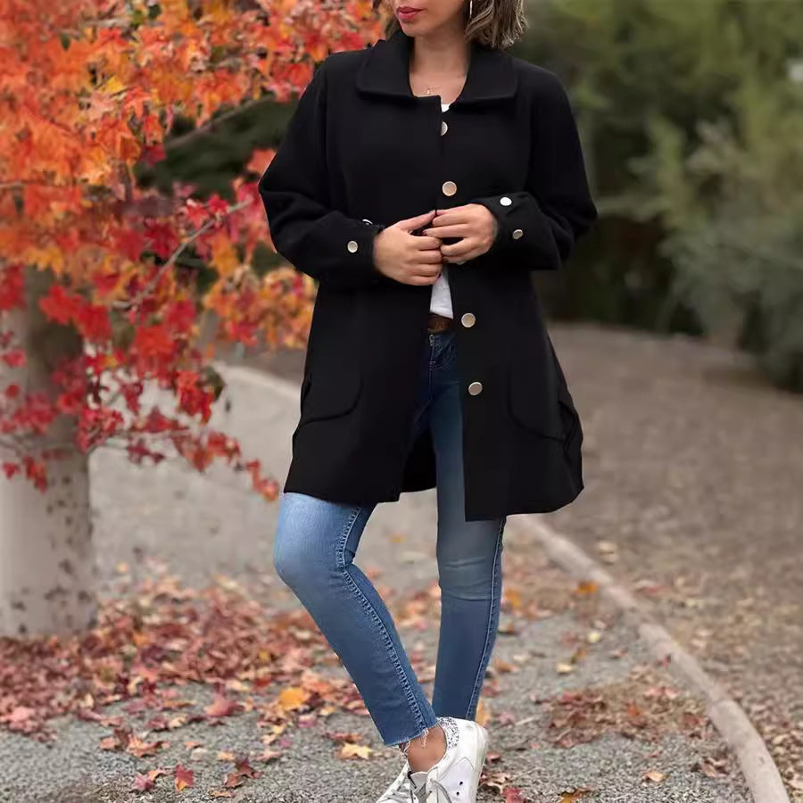 Damen Oversized Wollmantel mit dekorativen Knöpfen und großen Taschen Heidi-Mode