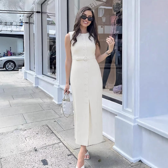 Damen ärmelloses Wickelkleid mit Knopfverschluss und Taillengürtel Heidi-Mode