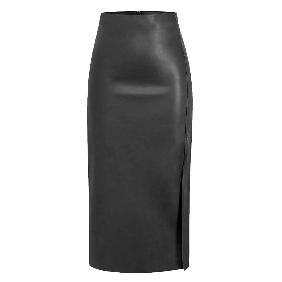 Damen Bleistiftrock aus hochwertigem Leder mit Schlitz Heidi-Mode