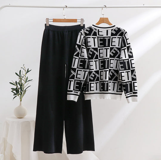 Damen lässiges Strick-Loungewear-Set mit grafischem Muster und weitem Schnitt Heidi-Mode