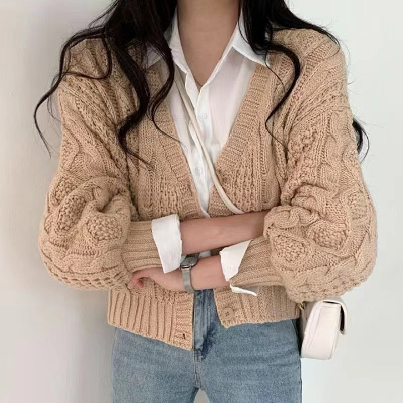 Damen Grobstrickcardigan mit voluminösen Ärmeln und strukturierter Oberfläche Heidi-Mode