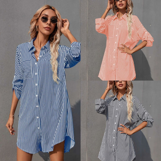 Damen Hemdblusenkleid im lässigen Stil mit Streifenmuster Heidi-Mode