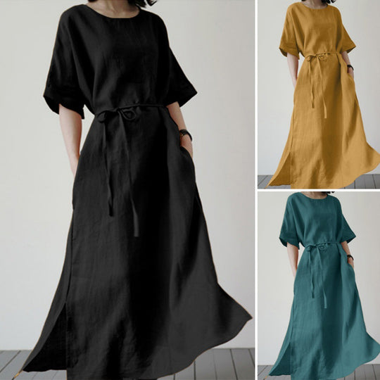 Damen Leinenmaxikleid mit weit geschnittenen Ärmeln und Taillengürtel Heidi-Mode