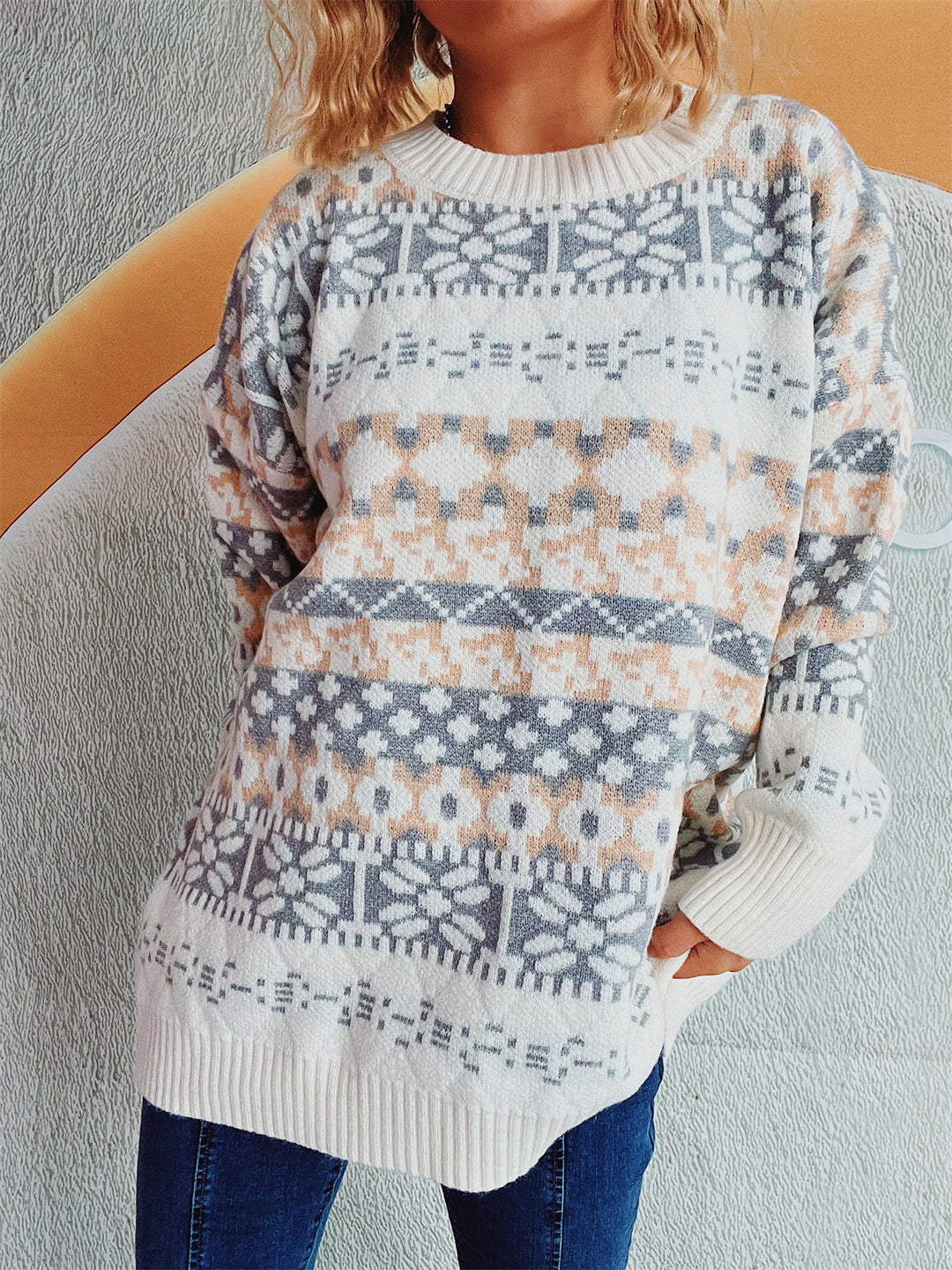 Damen gemütlicher Strickpullover mit winterlichem Muster und lässigem Schnitt Heidi-Mode