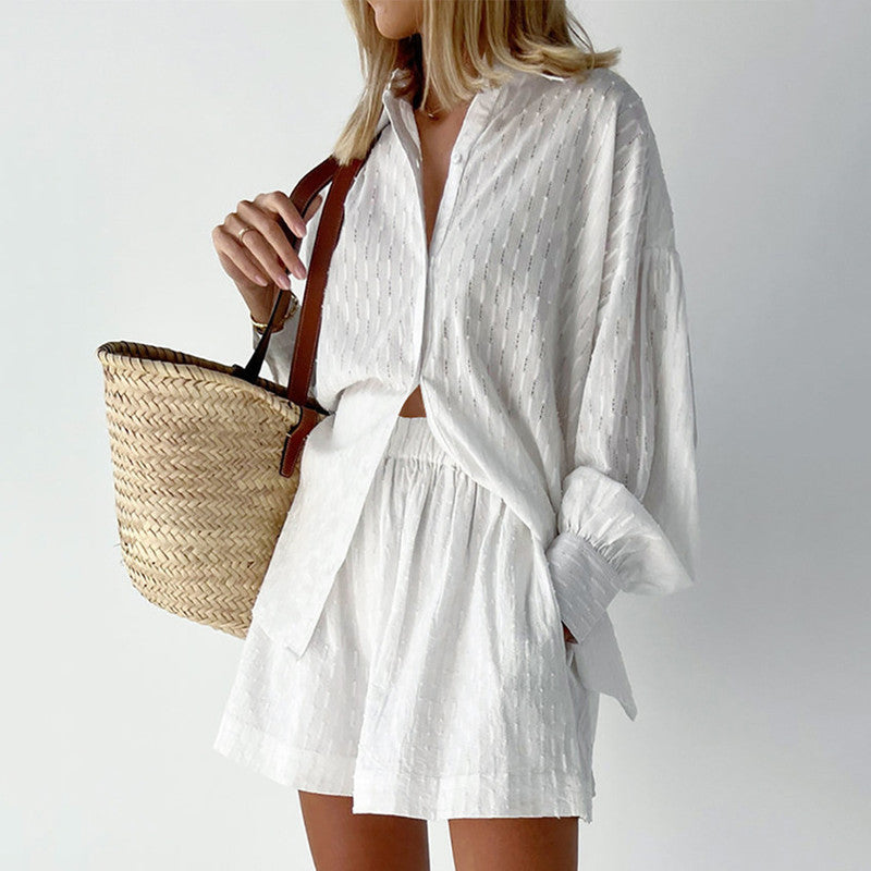 Damen lässiges Hemd-Shorts-Set mit elegantem Webmuster Heidi-Mode