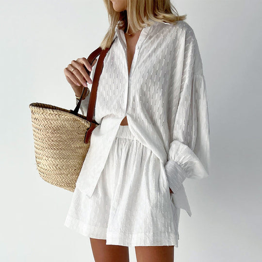 Damen lässiges Hemd-Shorts-Set mit elegantem Webmuster Heidi-Mode