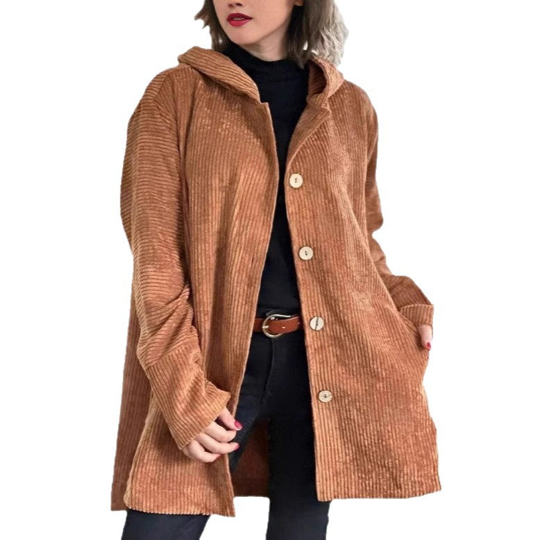 Damen Wohlfühljacke aus Cord mit Kapuze und großen Knöpfen Heidi-Mode