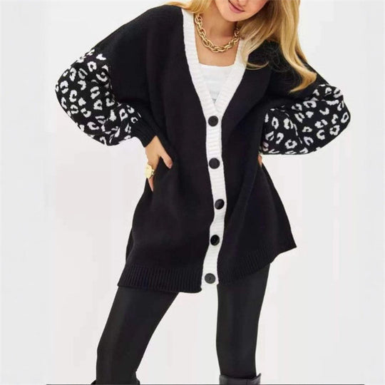 Damen Grobstrick Cardigan mit Leopardenmuster und Knopfdetaillierung Heidi-Mode