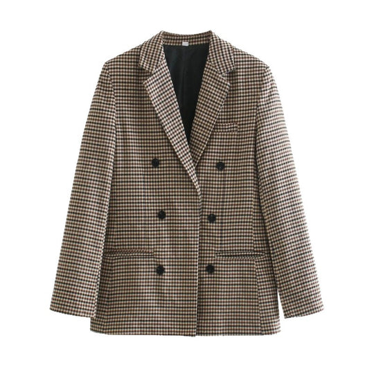 Damen kariertes Blazerjacke mit doppelter Knopfreihe und idealem Schnitt Heidi-Mode