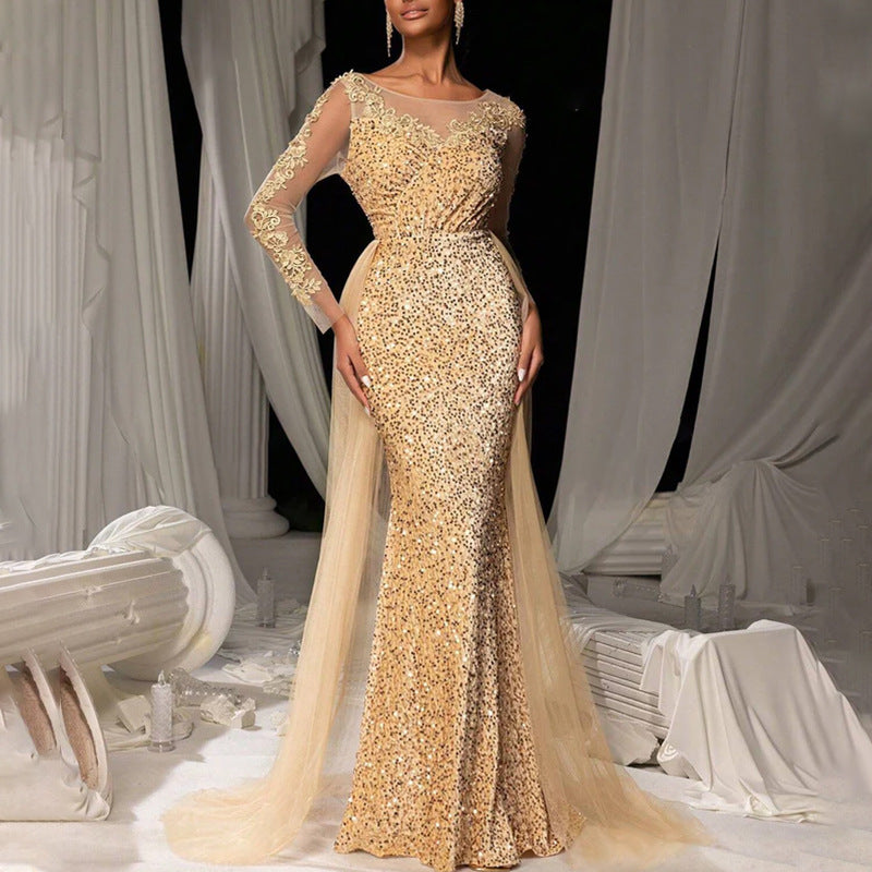 Damen Glitzerndes Abendkleid mit langen Ärmeln und transparentem Überrock Heidi-Mode