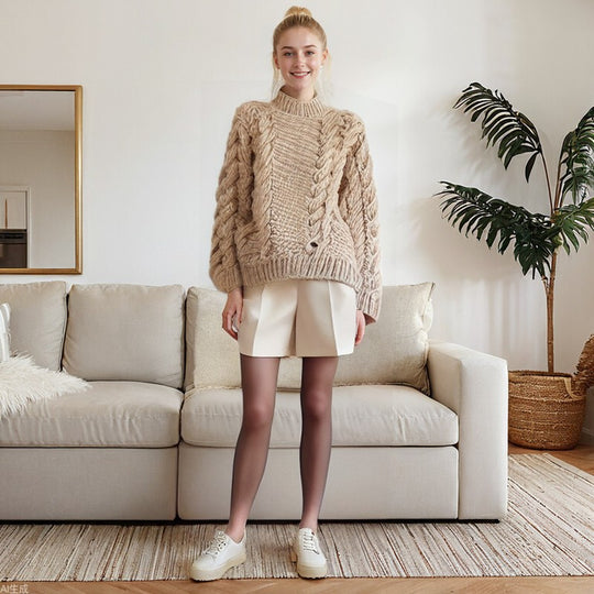Damen Strickpullover mit voluminösen Ärmeln und strukturiertem Zopfmuster Heidi-Mode