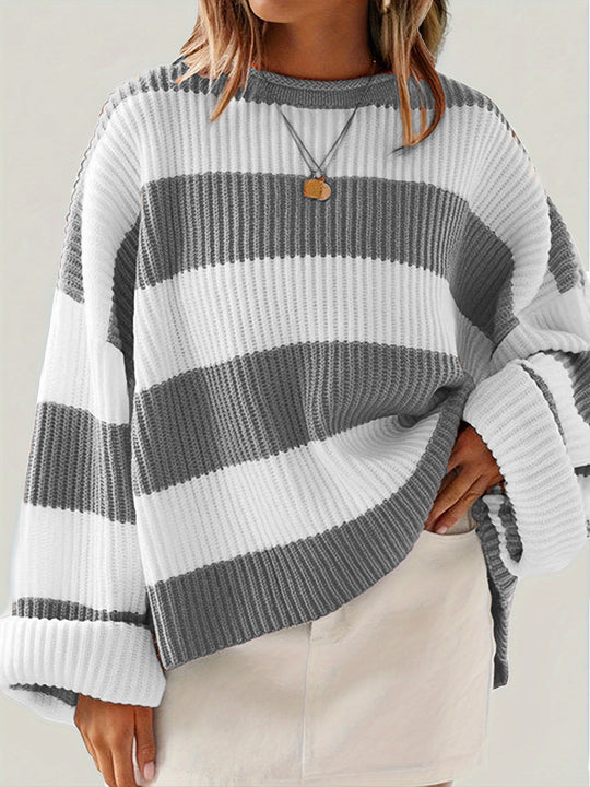 Damen gestreifter Strickpullover mit weitem Schnitt Heidi-Mode