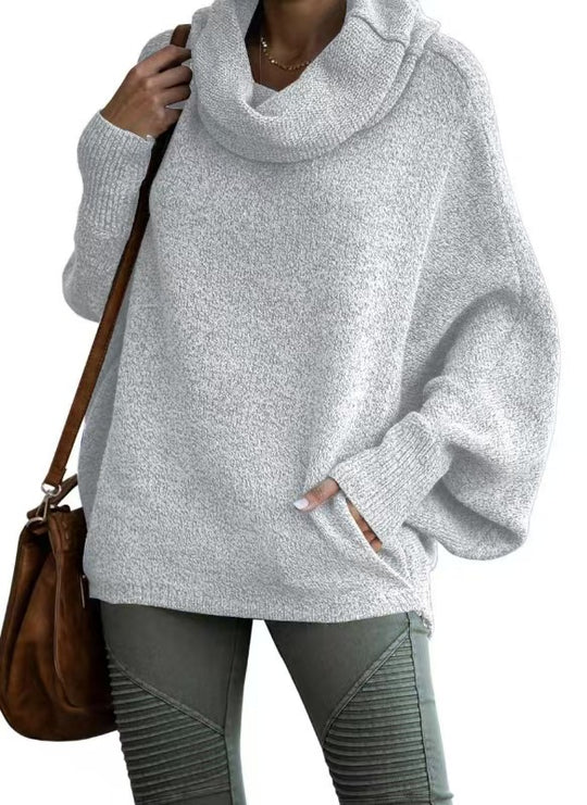 Damen lässiger Strickpullover mit weichem Stehkragen und weit geschnittenen Ärmeln Heidi-Mode