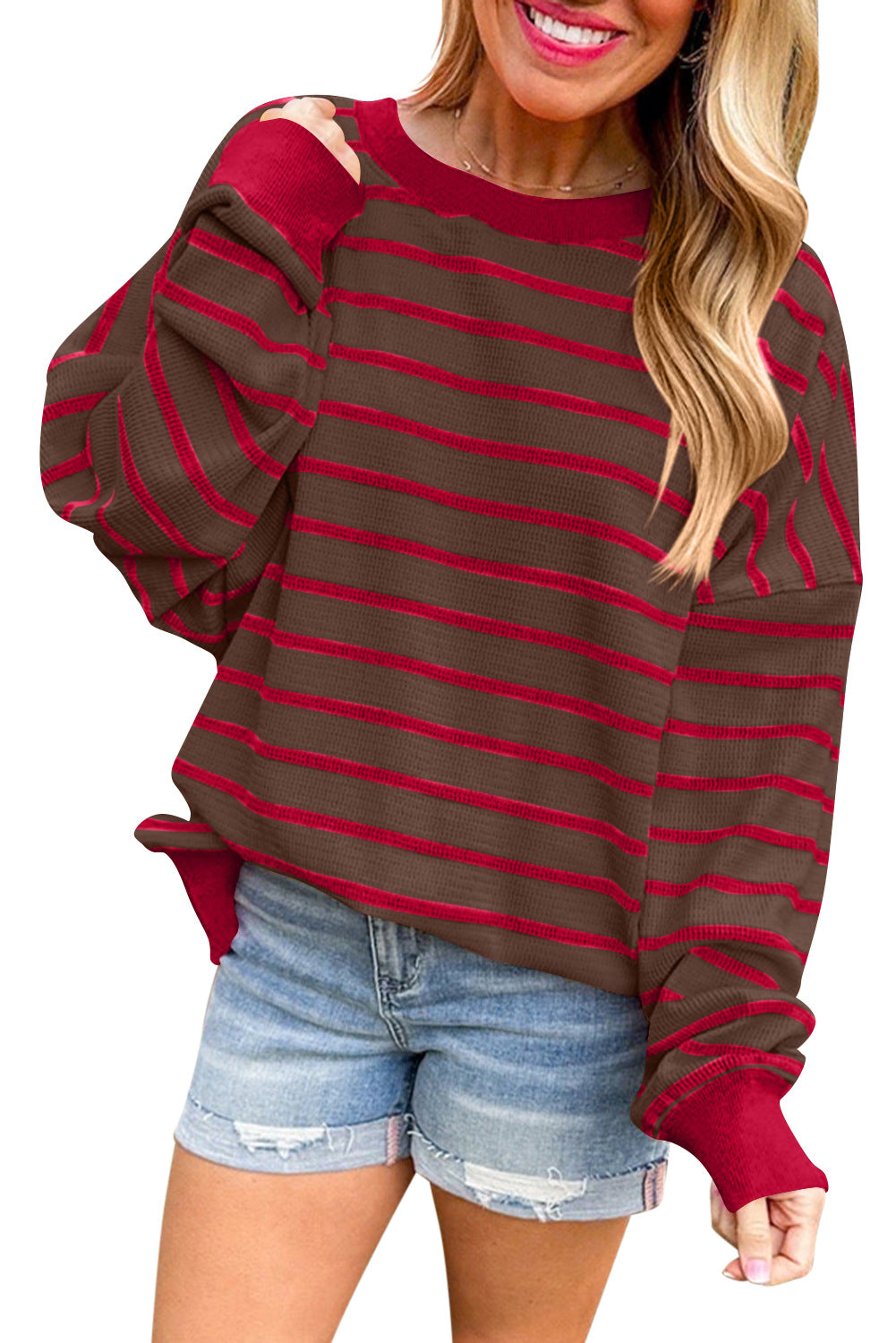Damen lässiger und bequemer Pullover mit strukturiertem Rippenmuster und weitem Schnitt Heidi-Mode