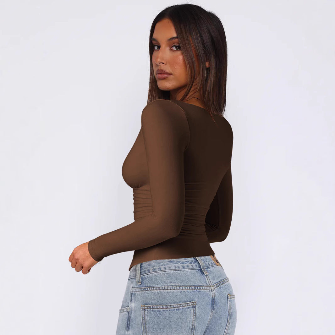 Damen figurbetontes Langarmoberteil mit V-Ausschnitt und Raffungen Heidi-Mode