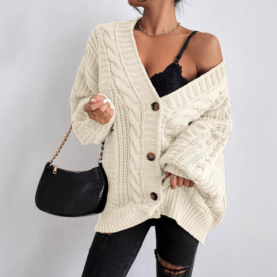 Damen Grobstrick Cardigan mit weiten Ärmeln und Knopfdetails Heidi-Mode