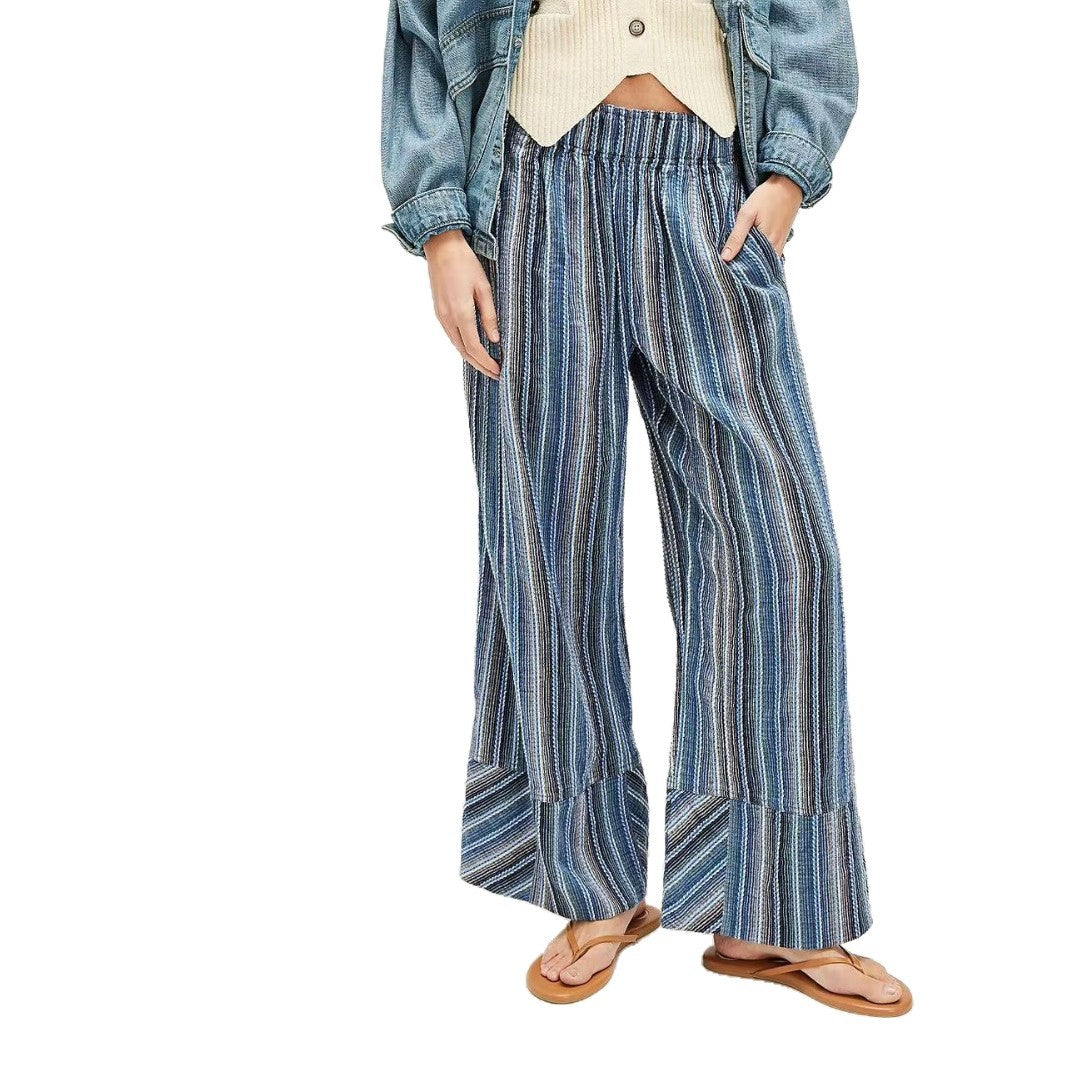 Damen weite gestreifte Sommerhose mit elastischem Bund und Taschen Heidi-Mode