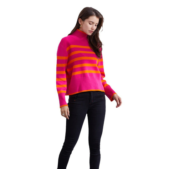 Damen hochwertiger gestreifter Pullover mit Stehkragen Heidi-Mode