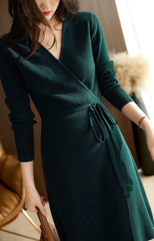 Damen Wickelkleid mit langem Ärmel und eleganter Taillenkordelung Heidi-Mode