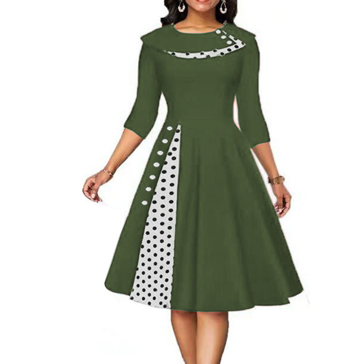 Damen Elegantes Midi-Kleid mit Punkten und seitlicher Kontrastdetail Heidi-Mode
