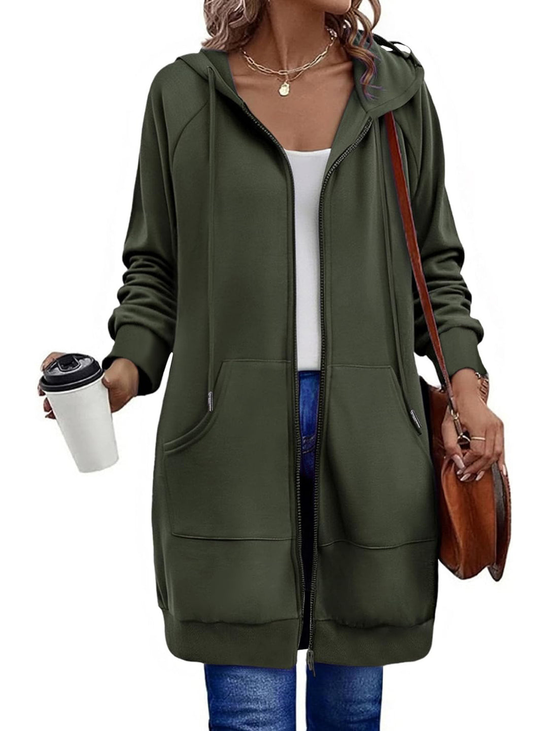 Damen Lange Kapuzenjacke mit Reißverschluss und praktischen Taschen Heidi-Mode