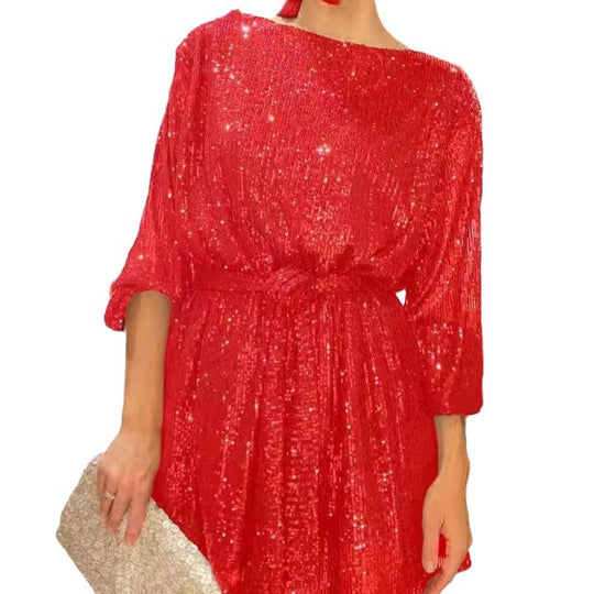 Damen Glitzerndes Minikleid mit langen Ärmeln und schimmerndem Oberstoff Heidi-Mode