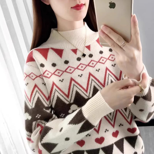 Damen festlicher Strickpullover im modernen Weihnachtsdesign mit geometrischem Muster und komfortablem Rundhalsausschnitt Heidi-Mode