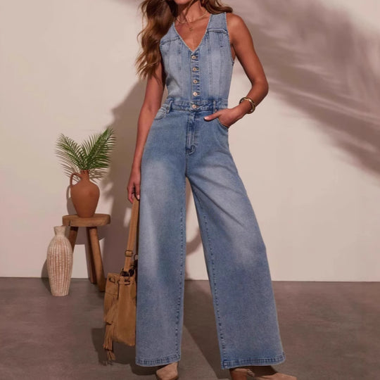 Damen Jumpsuit mit weit geschnittenen Beinen und eleganter Knopfleiste Heidi-Mode