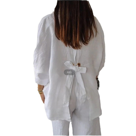 Damen Leichte und luftige Bluse aus reinem Leinen mit Knopfleiste und breiten Ärmeln Heidi-Mode