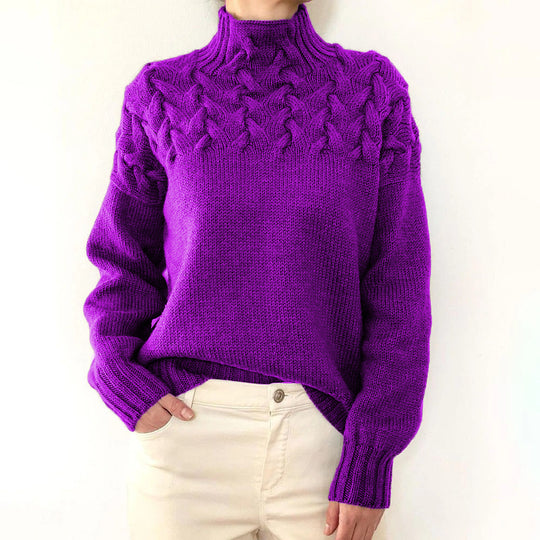 Damen Strickpullover mit hochgeschlossenem Kragen und trendigem Zopfmuster Heidi-Mode