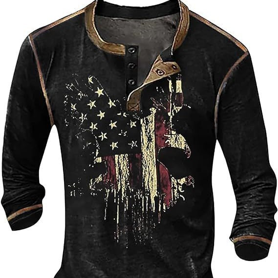 Herren Langarmshirt mit künstlerischem Grafikdruck und praktischem Knopfverschluss Heidi-Mode