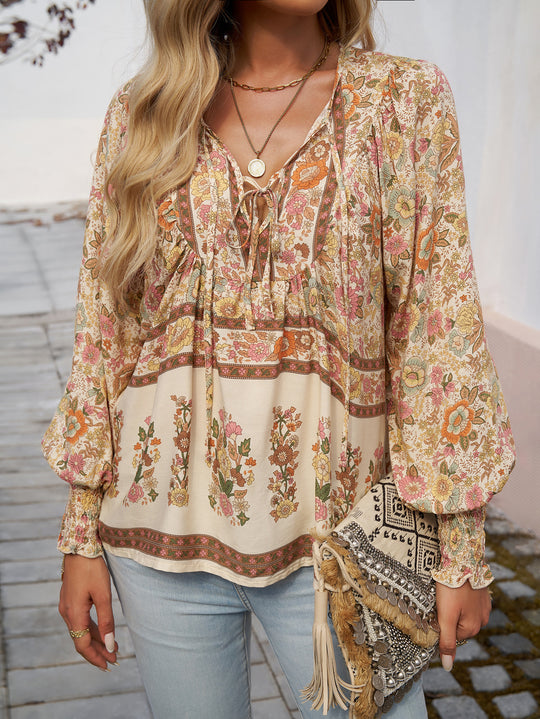 Damen Boho-Bluse mit Schleifenverzierung und floralen Mustern Heidi-Mode