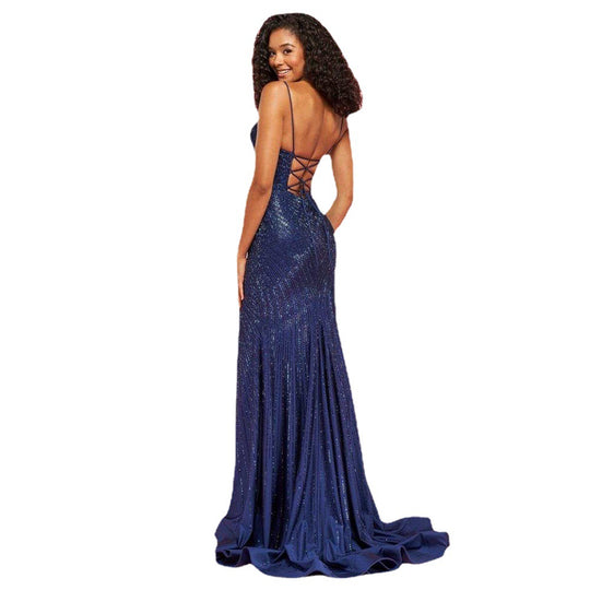 Damen Glamouröses Pailletten Abendkleid mit sexy Schlitz und Spaghetti-Trägern Heidi-Mode