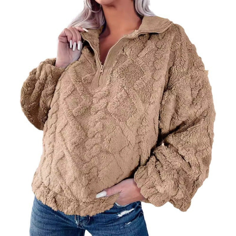 Damen Kuscheliger Fleece-Pullover mit hohem Kragen und Halb-Reißverschluss Heidi-Mode