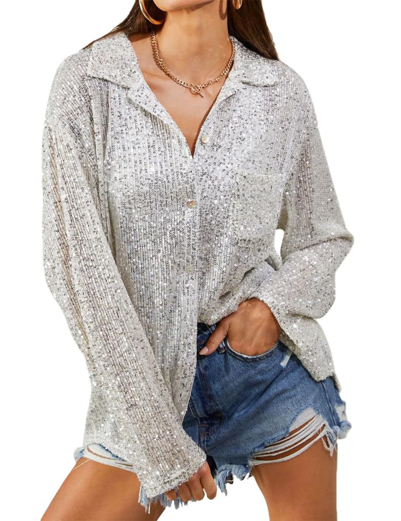 Damen Glitzernde Oversize-Bluse mit lässigem Schnitt Heidi-Mode