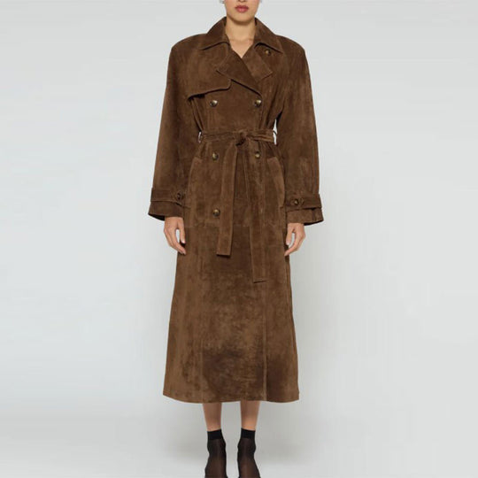 Damen Eleganter Wildleder-Trenchcoat mit tailliertem Schnitt und abnehmbaren Gürtel Heidi-Mode