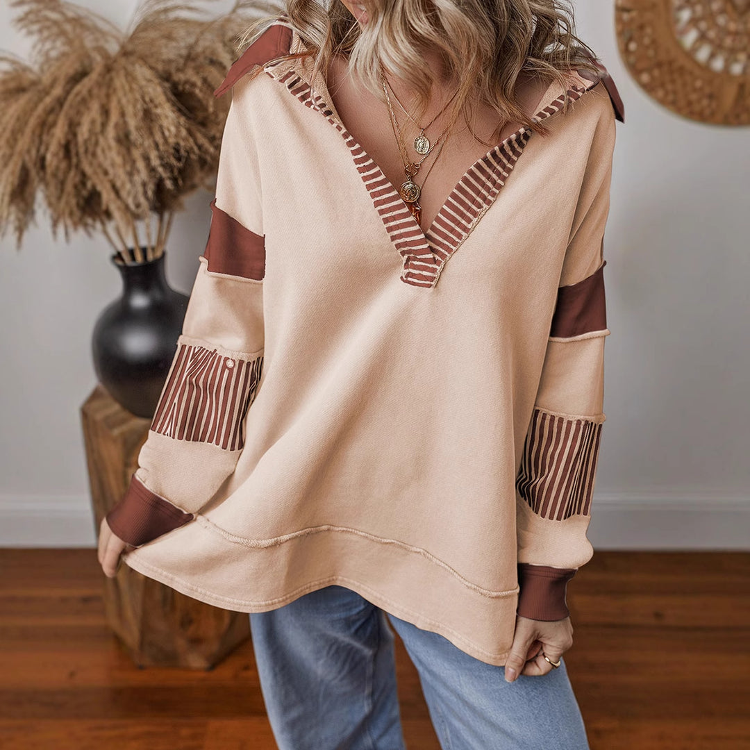 Damen lässiger Pullover mit Hemdkragen und gestreiften Ärmeln Heidi-Mode