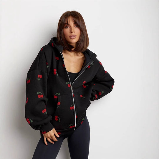 Damen Kapuzenjacke mit frischem Kirschmuster und übergroßem Schnitt Heidi-Mode