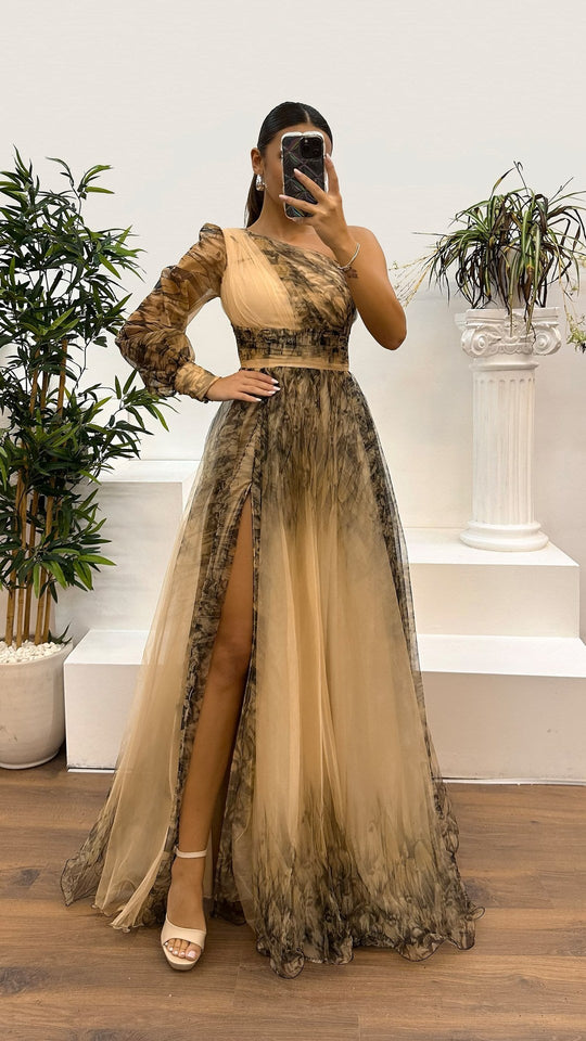 Heidi-Mode | Frühling Herbst Schräg Schulter Mesh Blumenmuster Kleid Lässig Locker Festlich Kleid